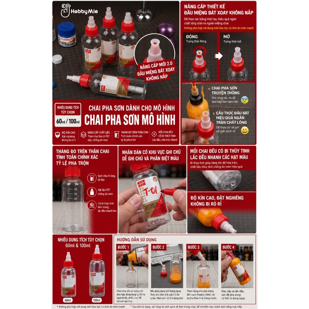 Hobby Mio Model Paint Spare Bottle – Chai Pha Sơn Airbrush Gundam Mô Hình 60ml/100ml