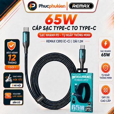 Dây sạc type c to type c Remax CB10 65W dây dù đèn led sạc 40w PD cho 15,16,17 seris - Phúc Phụ Kiện