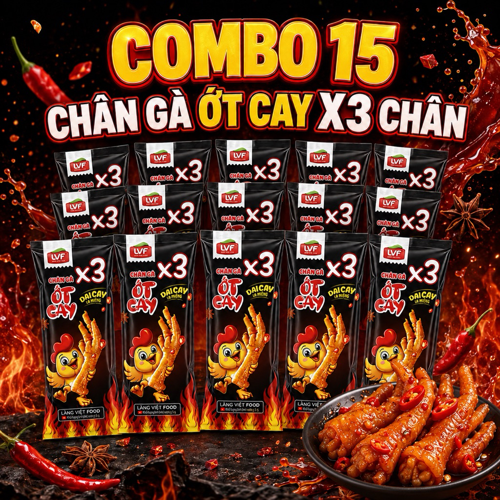 Combo 15 Gói Chân Gà Ớt Cay X3 Chân LVF – Dai Giòn, Cay Đậm Vị, Ăn Liền Tiện Lợi