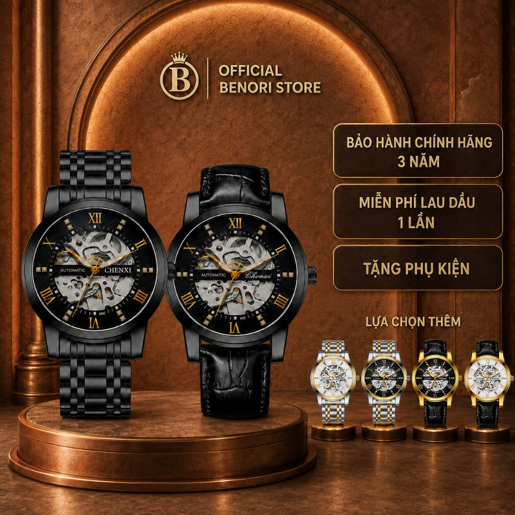 Đồng hồ cơ chính hãng đẹp chống nước CHENXI DH60 Automatic Lộ Cơ 40mm Thép 316L Chống Nước 5ATM kính