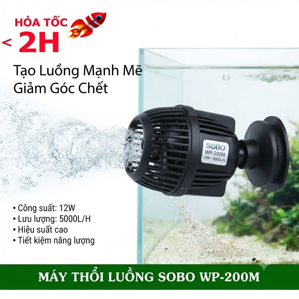 Máy thổi luồng Sobo WP-200M 12W 5000L/H tạo sóng bể cá siêu bền, chính hãng