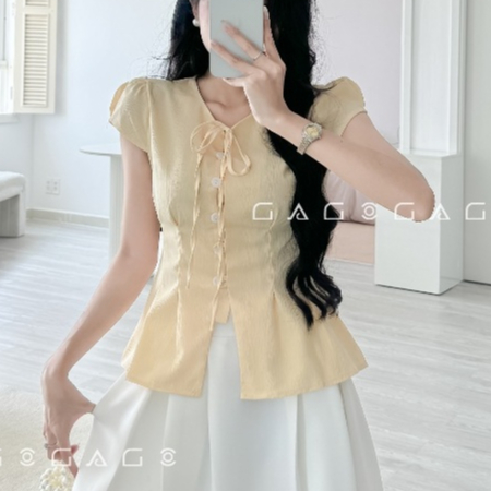 [BEST SELLER] Áo Kiểu Nữ GAGO Brand vải PREMIUM Công Sở Du Lịch Sơ Mi Cổ Tròn Xinh Màu VàngHot Hè 20