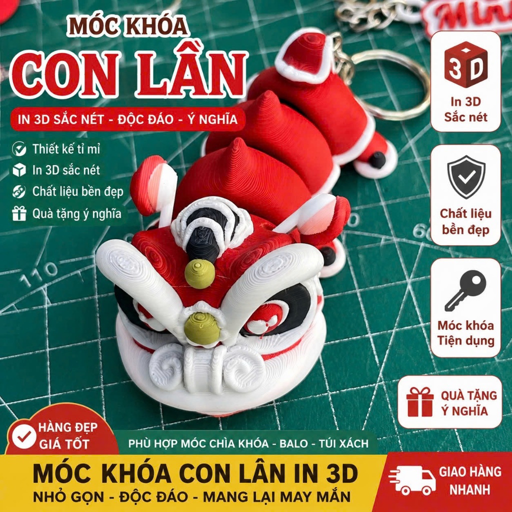 Móc Khóa Con Lân In 3D 80mm – Móc Khóa Lân Sư Rồng Trang Trí Balo, Chìa Khóa