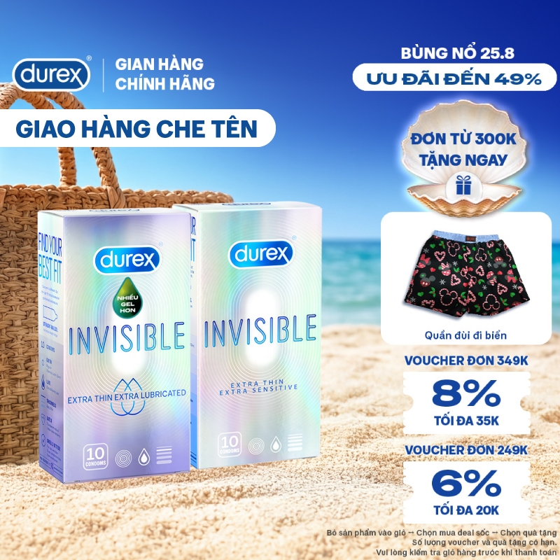 COMBO DUREX INVISIBLE LUBRICATED và DUREX INVISIBLE EXTRA THIN EXTRA SENSITIVE (10 BAO/HỘP; 52MM)