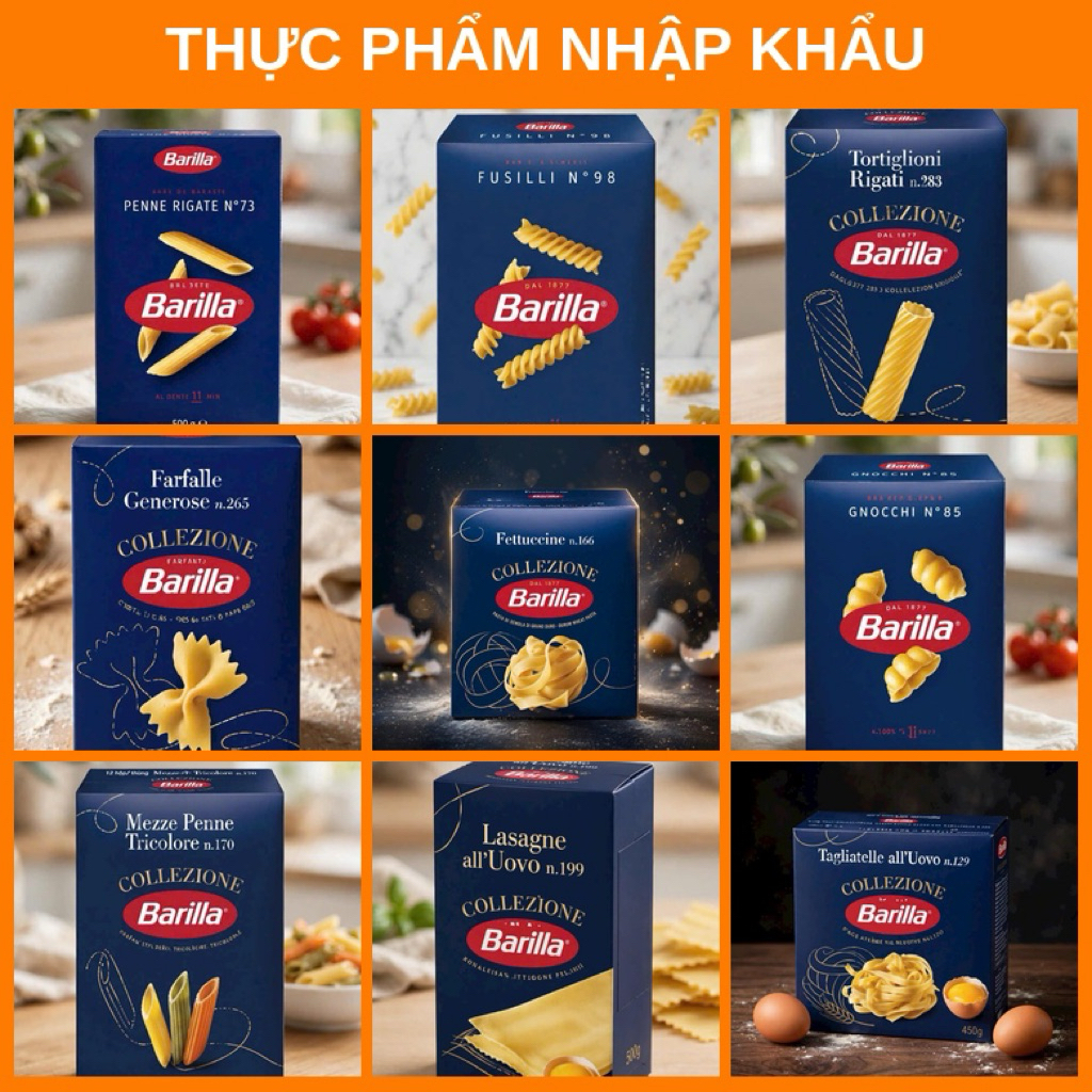 Mì Ý Barilla Collezione,Penne, Fusilli, Farfalle, Lasagne, Fettuccine 500g - Ý