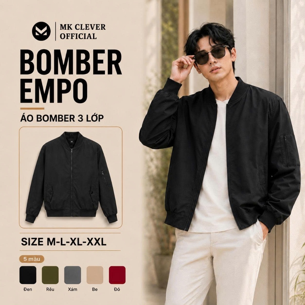 Áo Bomber Nam Empo MK CLEVER Chất liệu Gió trần bông, chống nước, chuẩn Form đứng dáng cực đẹp