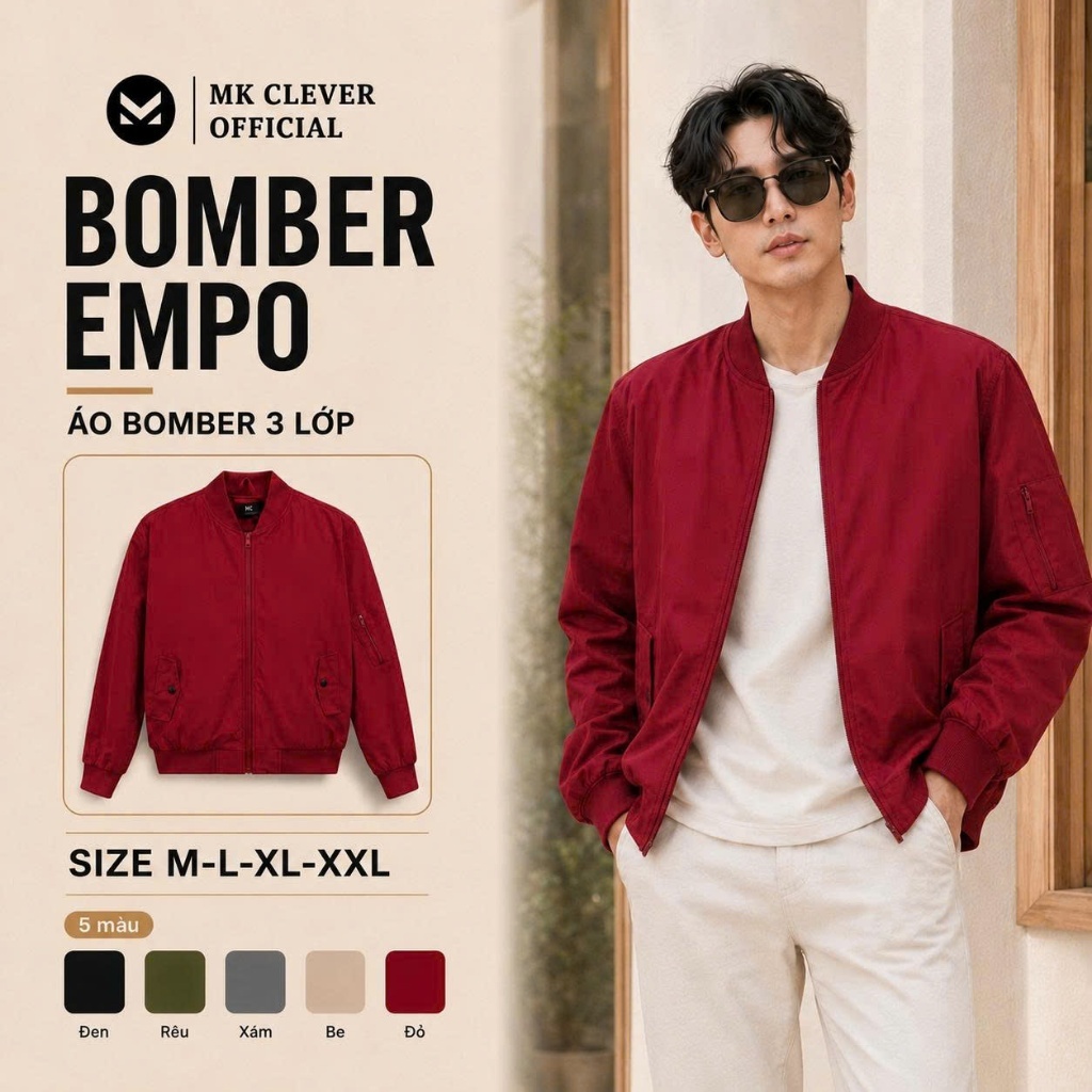 Áo Khoác Bomber Nam Empo MK CLEVER Chất liệu Gió trần bông, chống nước, chuẩn Form đứng dáng cực đẹp