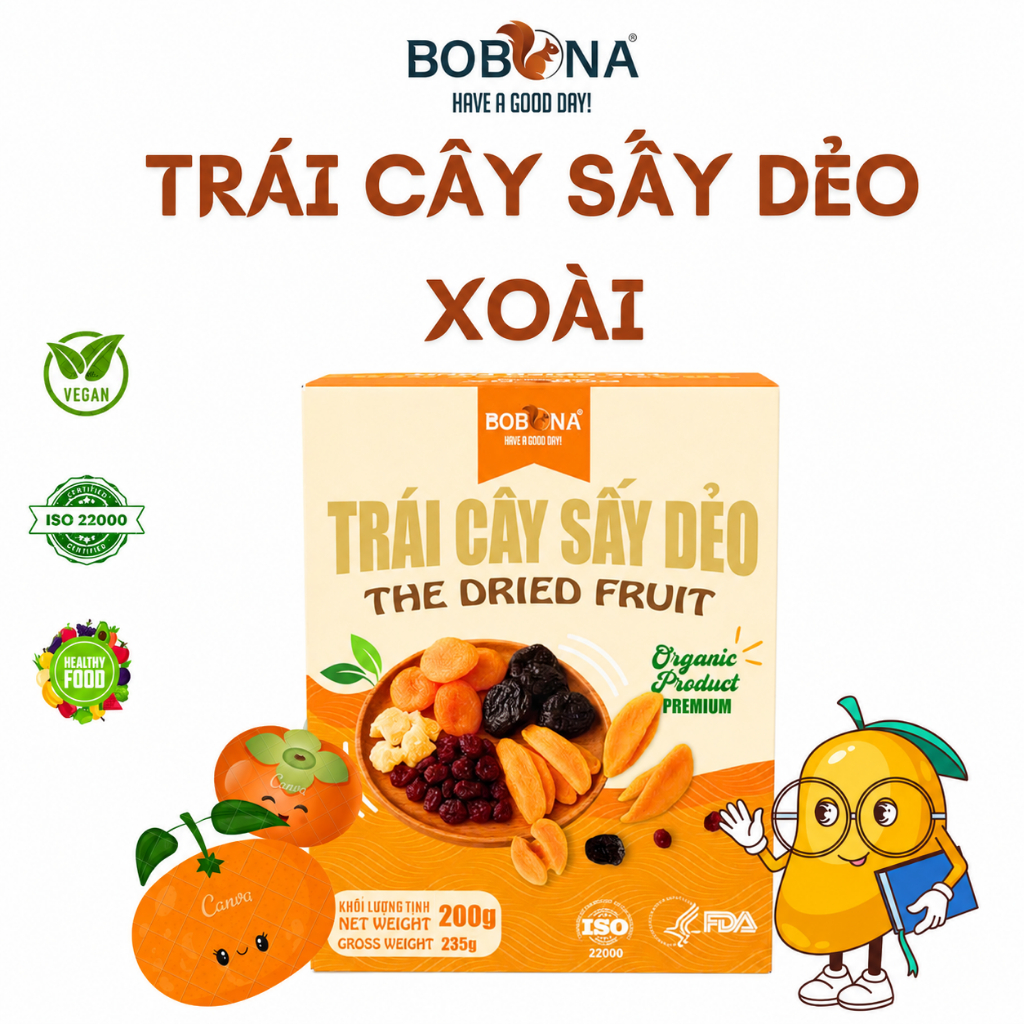 Xoài Dẻo Sấy Lạnh BOBONA Ăn Liền Tiện Lợi Hũ 200g thơm ngon dễ sử dụng không chất bảo quản