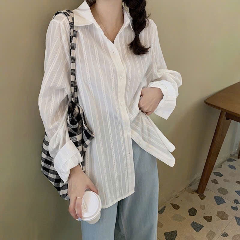 Áo sơ mi trắng Lena phối sọc chìm, Áo sơ mi mỏng basic phong cách Hàn Quốc S09