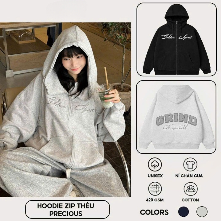 [Không Xù Lông] Áo Khoác Hoodie Zip GRIND Nỉ Chân Cua Cổ Cao Thêu Dạ Form Rộng Không Xù Lông