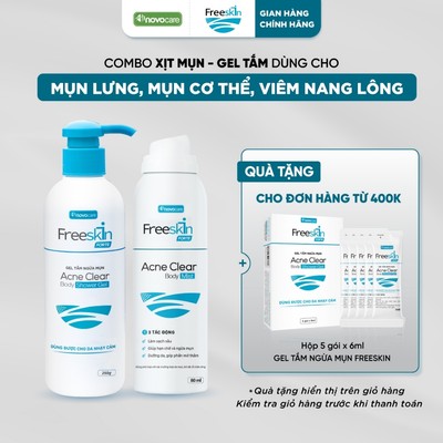 Xịt mụn lưng & Gel tắm Freeskin - Novocare hỗ trợ giảm mụn cơ thể, viêm nang lông, mờ thâm, dưỡng sáng da 80ml & 250g
