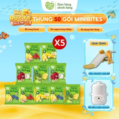 Thùng 50 Bánh Ăn Dặm Mini Bites Mămmy đủ vị 10 táo, 10 việt quất, 10 chuối, 10 bông cải, 10 dâu gói 15g