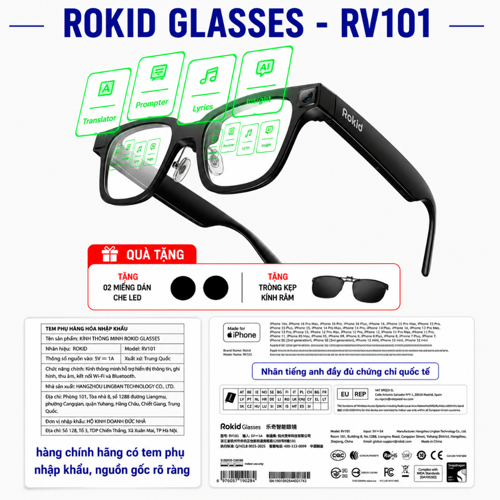 Kính Rokid Glasses RV101 BẢN QUỐC TẾ - Chatgpt tiếng Việt, phiên dịch, quay chụp đẹp, BH 12 tháng