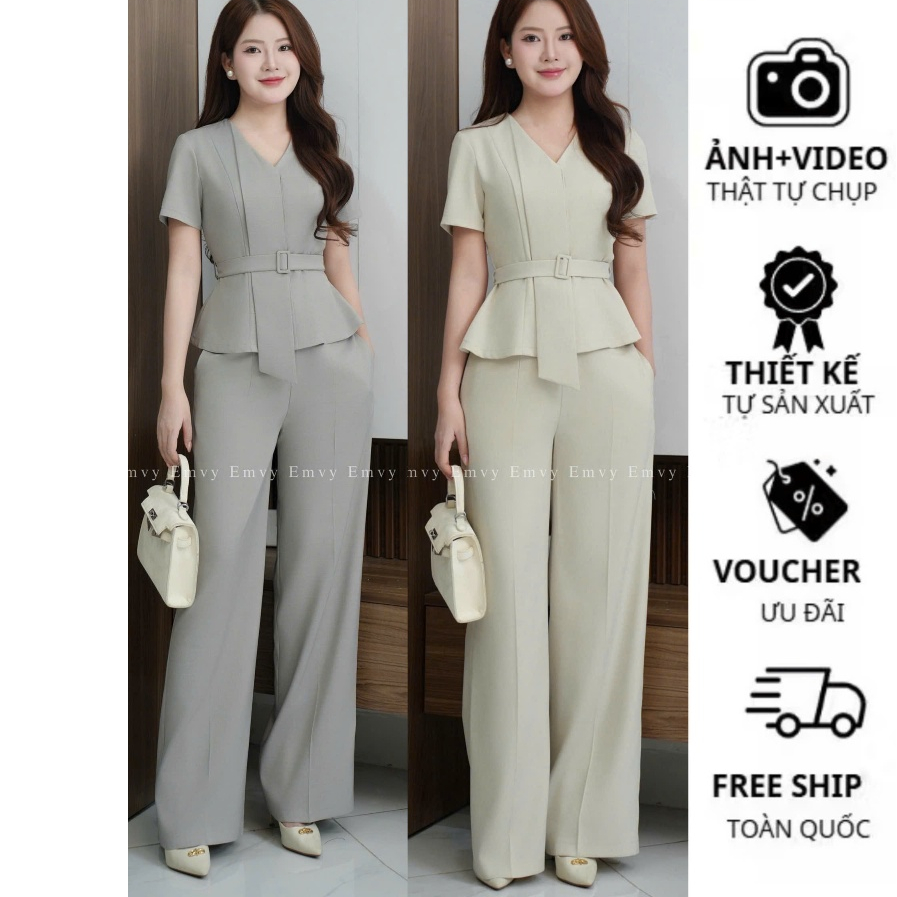 Set Đồ Công Sở: Áo Cổ V Kèm Thắt Lưng Quần Suông Dài Sang Trọng Emvy Fashion S235
