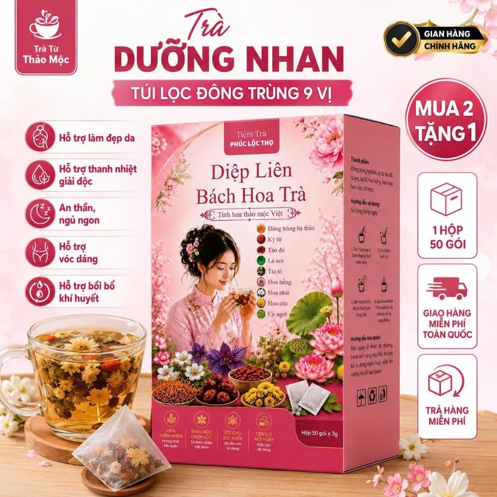 Trà Dưỡng Nhan 9 Vị Diệp Liên Bách Hoa Trà ( Hộp 50 Gói ) - Hỗ trợ làm đẹp da, dưỡng trắng da, hỗ tr