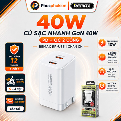 Remax U33 - Củ sạc nhanh 40w chính hãng hỗ trợ sạc nhanh 20w 2 thiết bị cùng lúc - Phúc Phụ kiện