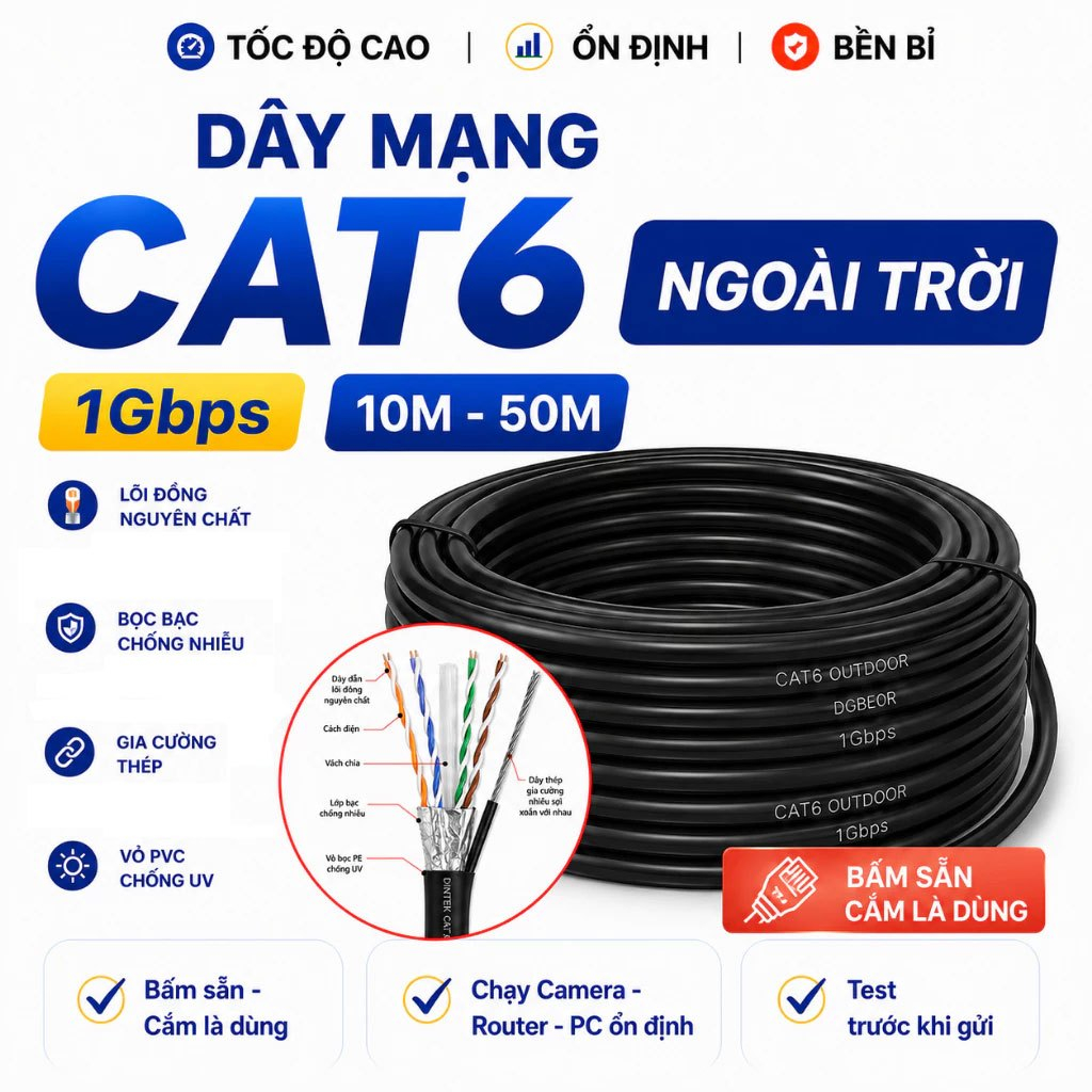 10m đến 50m Cáp mạng ngoài trời 8 lõi đồng nguyên chất (bấm sẵn 2 đầu) có cáp treo dây