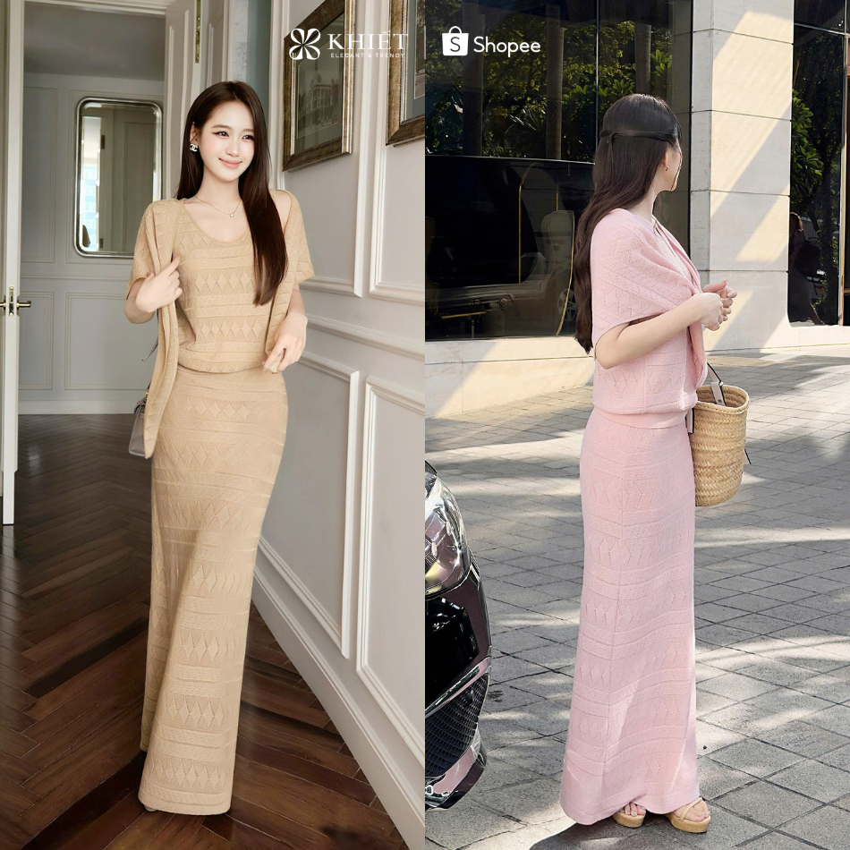 Set áo và chân váy dáng dài thun dệt họa tiết kèm khăn choàng phong cách thanh lịch KS712 KS712A