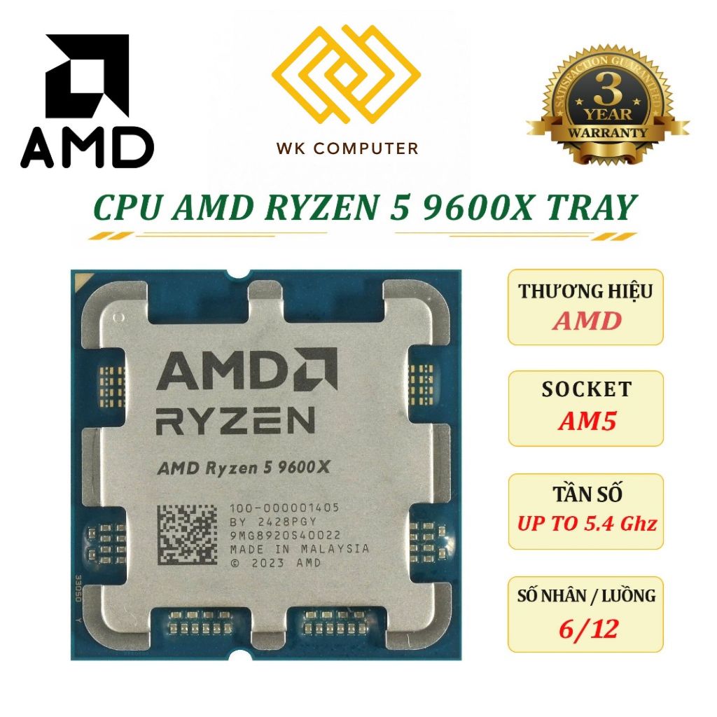Vi xử lý CPU AMD RYZEN 5 9600X TRAY | SK AM5, Turbo 5.4Ghz, 6/12 || Mới - Bảo hành 36 Tháng