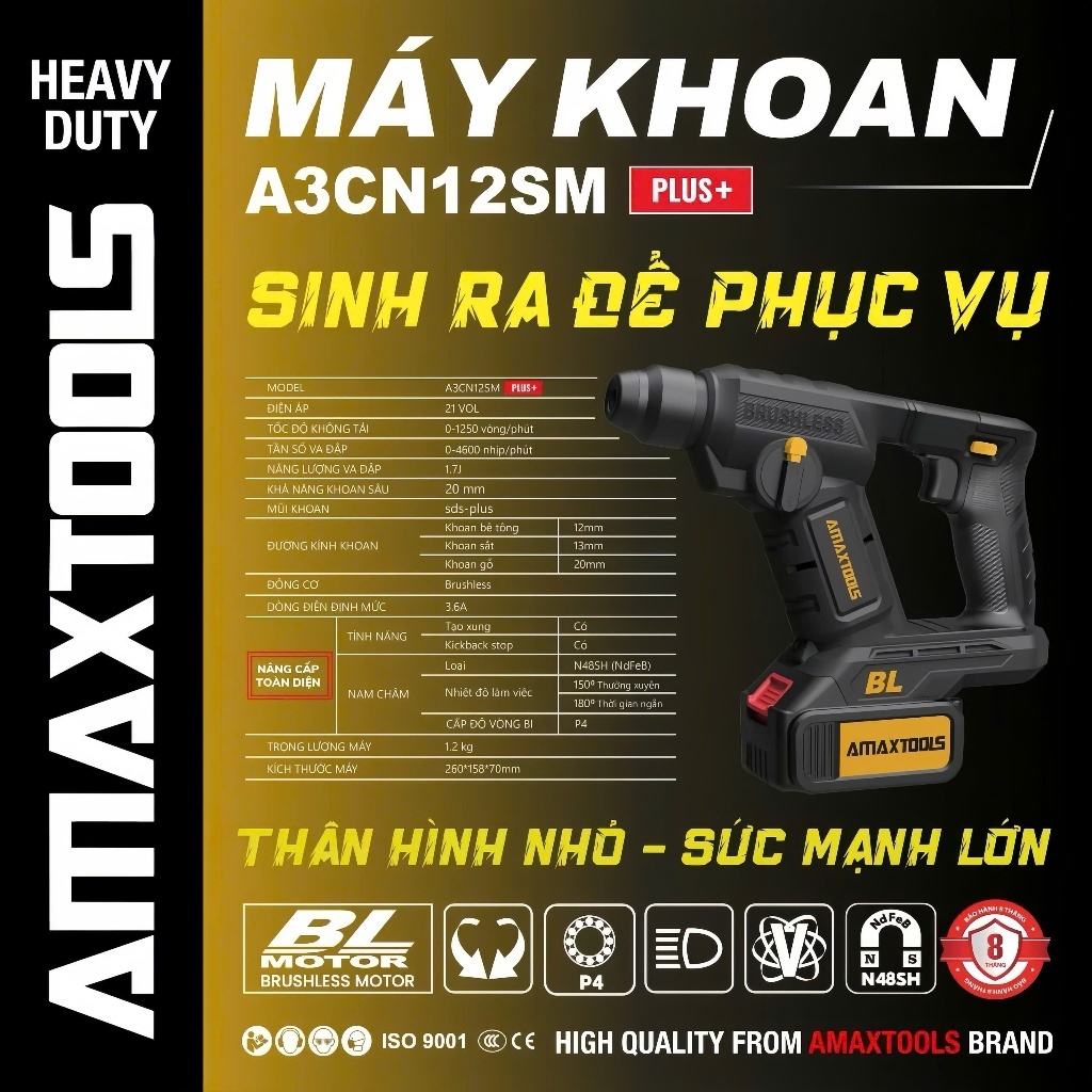 [8811] Máy khoan bê tông 2 chức năng 21V Amaxtools A3CN12SM PLUS+
