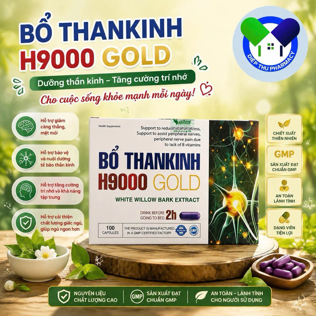 Bổ Thần Kinh H9000 Gold Vshine 100 Viên | Magie B1 B6 B12 Melatonin Hỗ Trợ Ngủ