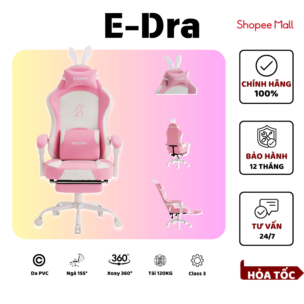 [Furniture] Chair Gaming Rabbit EDRA EGC238, Ghế cao cấp dành cho Game thủ nữ (120KG/155*/Class 3/Da
