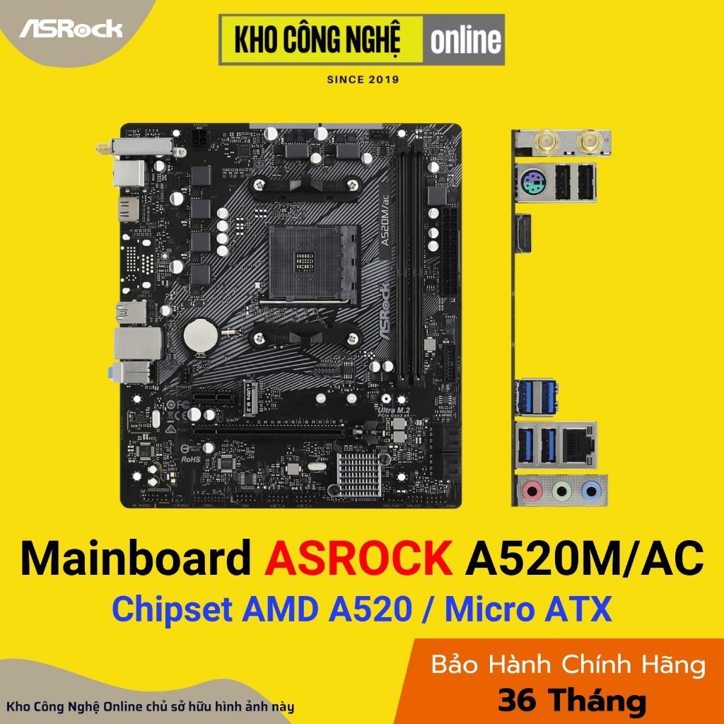 Mainboard ASROCK A520M/AC - AMD A520, AM4, Micro ATX, 2xDDR4 (Hàng chính hãng)