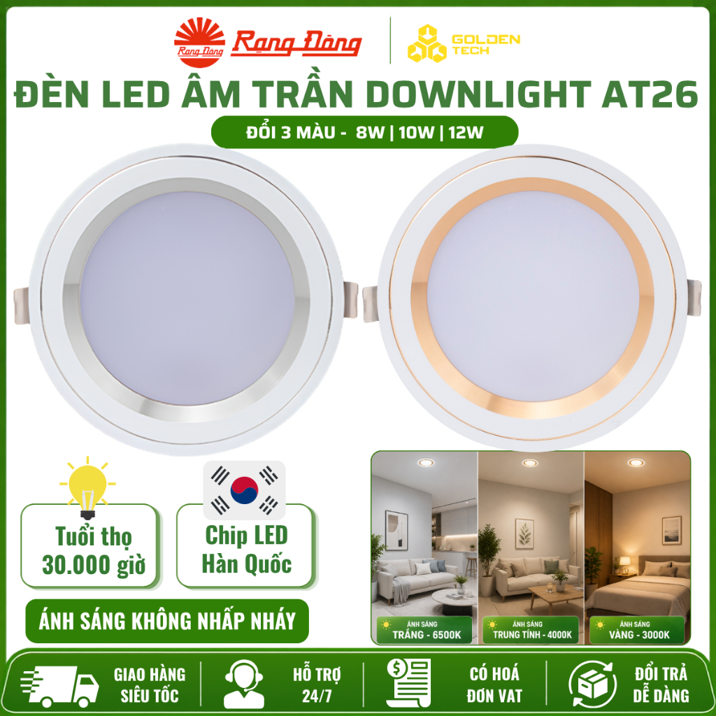 Đèn Led âm trần Rạng Đông AT26 8W, 10W, 12W đổi màu, Đèn led âm trần viền bạc, viền vàng