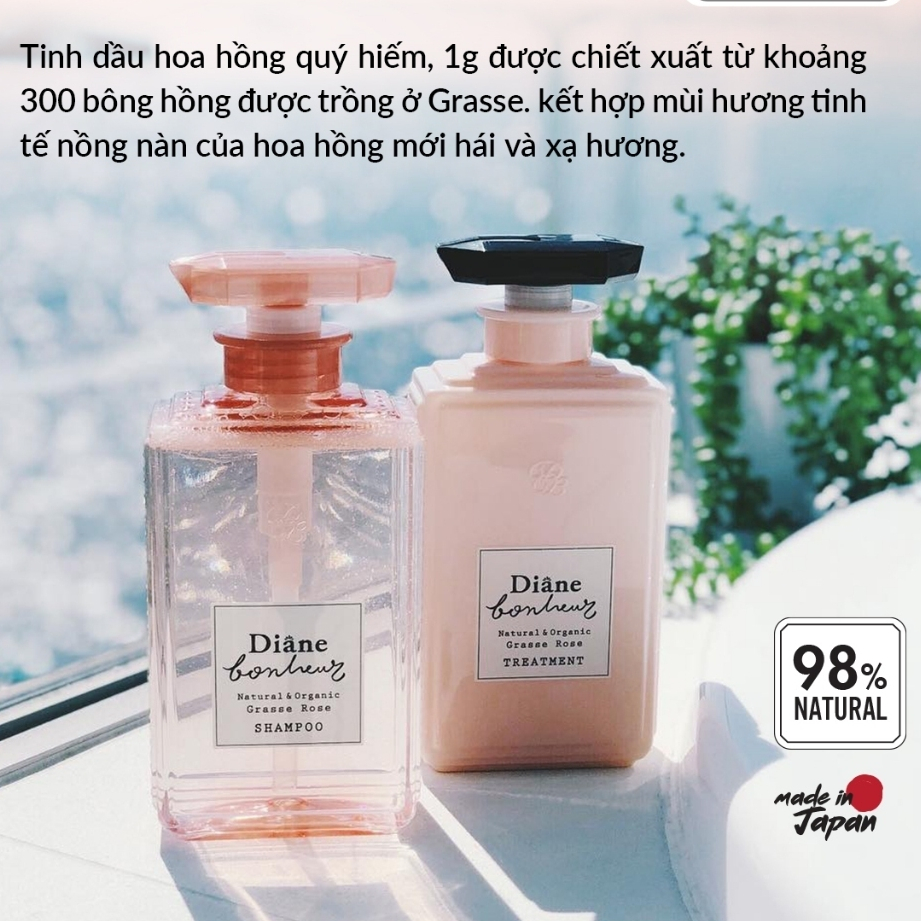 Bộ dầu gội xả phục hồi hư tổn dưỡng tóc bồng mượt Diane Bonheur Grasse Rose hương hoa hồng Pháp