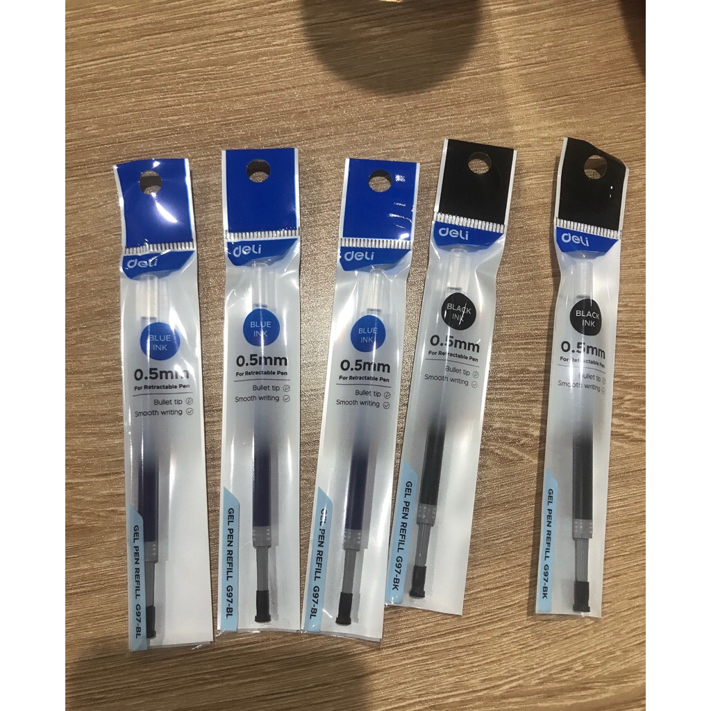 Ruột Bút Gel Deli EG97 Nét 0.5mm - Combo 5 Chiếc Xanh, đen