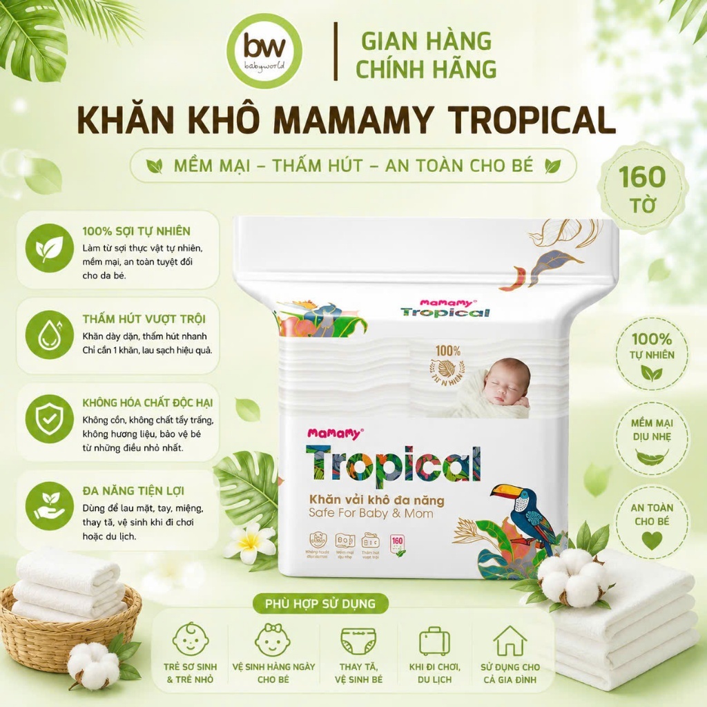 Khăn vải khô đa năng Mamamy Tropical 160 tờ