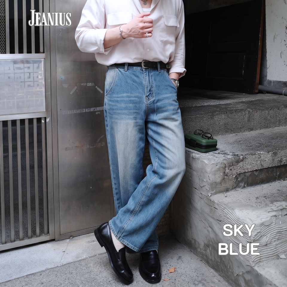[MỞ BÁN] - Quần Jean Nam Màu Sky Blue JEANIUS, Quần Bò Ống Suông Rộng, SKY BLUE TÚI CHÉO