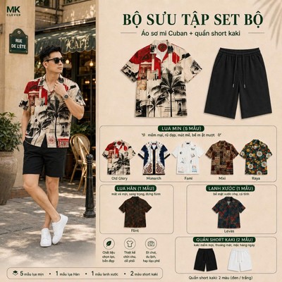 Bộ sưu tập Áo Sơ Mi Cuban và Quần Short Kaki Excool MK CLEVER Đồ bộ nam Form Thoáng Mát, Set Đồ Nam Trẻ Trung Mùa Hè