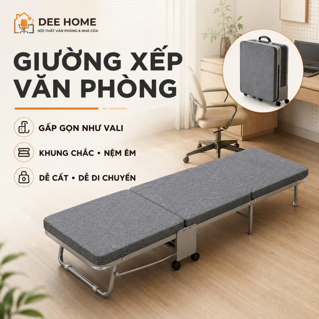 Giường Gấp Văn Phòng Đa Năng, Giường Xếp Thông Minh Bánh Xe Di Chuyển, Đệm Khung Thép Sơn Tĩnh Điện