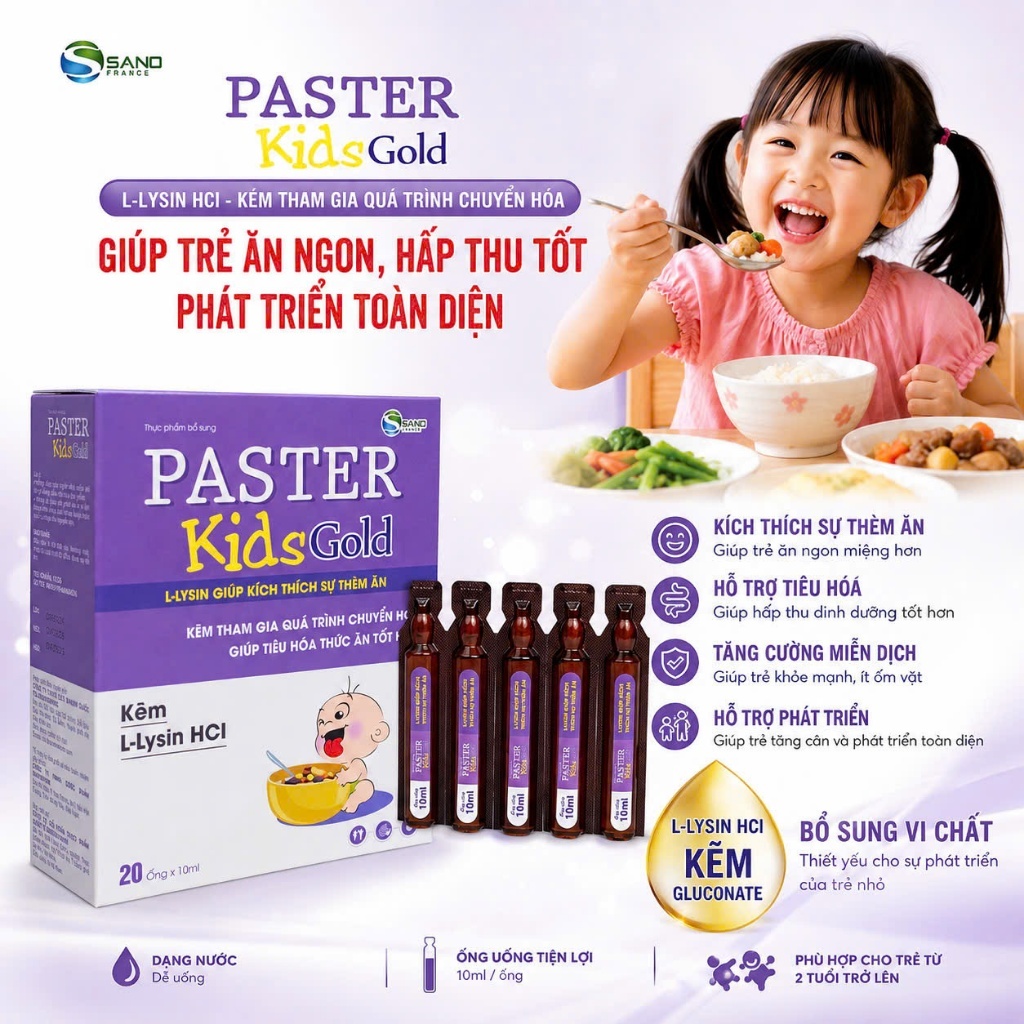 **PASTER Kids Gold – L-Lysin HCl + Kẽm | Hỗ Trợ Bé Ăn Ngon, Tiêu Hóa Tốt, Bổ Sung Vi Chất