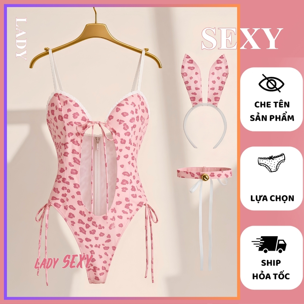 Set Bodysuit Sexy Nữ JS66 Đồ Ngủ Cosplay Thỏ Da Báo Hồng Buộc Dây Hông Tôn Dáng Nóng Bỏng Tự Tin