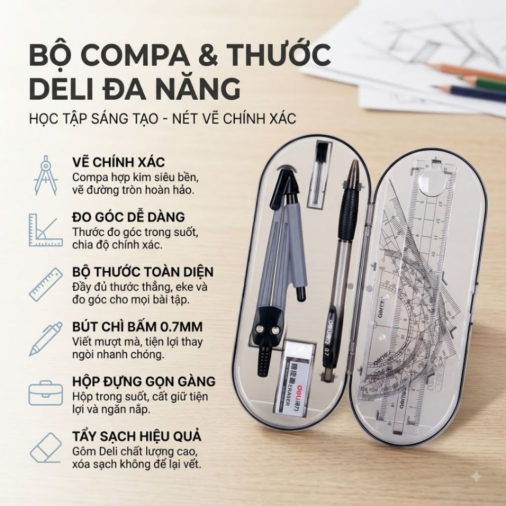 Bộ Compa Thước Kẻ Deli Đa Năng 8 Món Kèm Bút Chì Bấm 0.7mm Tẩy Hộp Trong Suốt Dụng Cụ Học Tập Toán C
