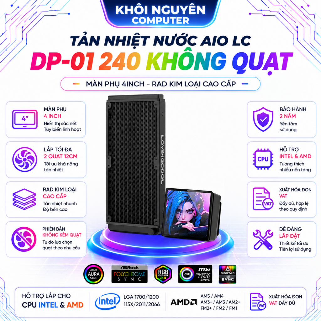 Tản Nhiệt Nước AIO LovingCool DP-01 Đen 240 LCD 4 Inch Không Kèm Quạt ARGB PC Gaming