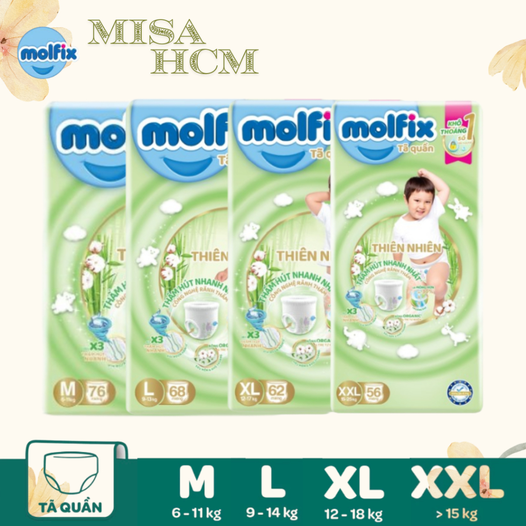 Tã QUẦN ORGANIC Thổ Nhĩ Kỳ Molfix đủ size M76, L68, XL62,XXL56, XXXL(22+6)