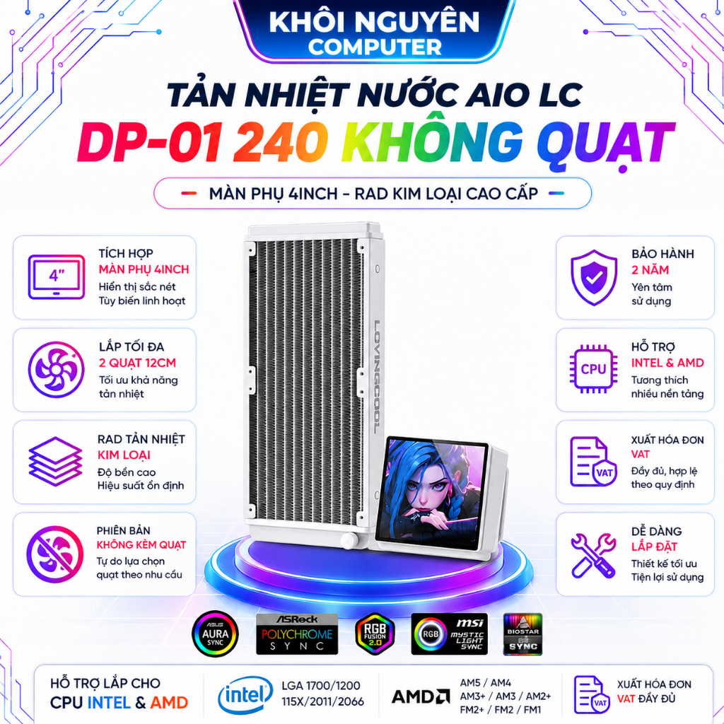 Tản Nhiệt Nước AIO LovingCool DP-01 Trắng 240 LCD 4 Inch Không Kèm Quạt ARGB PC Gaming