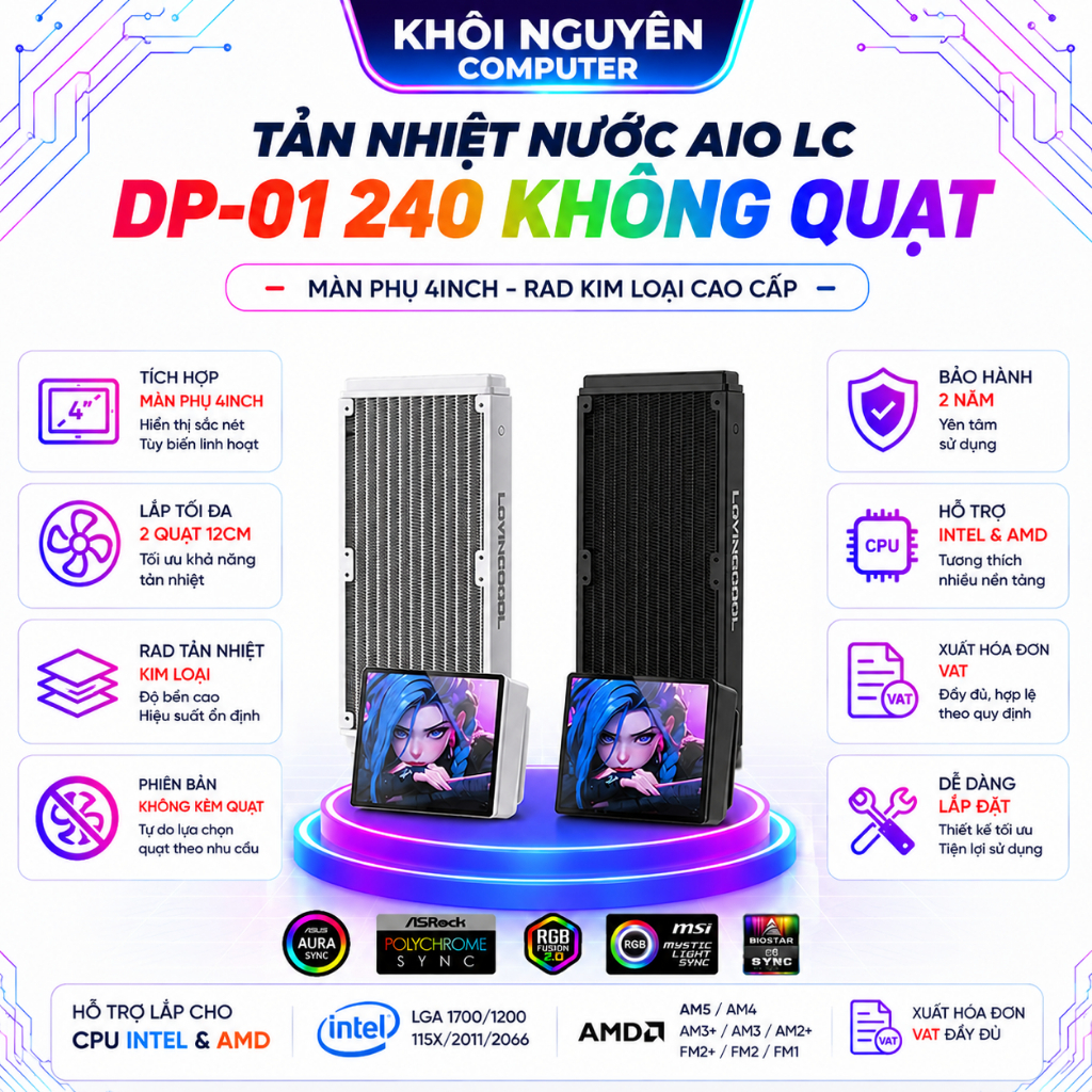 Tản Nhiệt Nước AIO LovingCool DP-01 240 LCD 4 Inch Không Kèm Quạt ARGB Cho PC Gaming