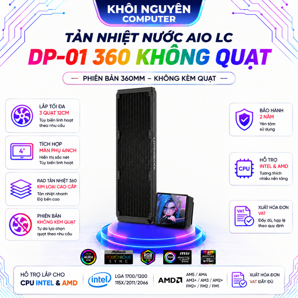 Tản Nhiệt Nước AIO LovingCool DP-01 360 LCD 4 Inch Đen Không Kèm Quạt ARGB Cho PC Gaming