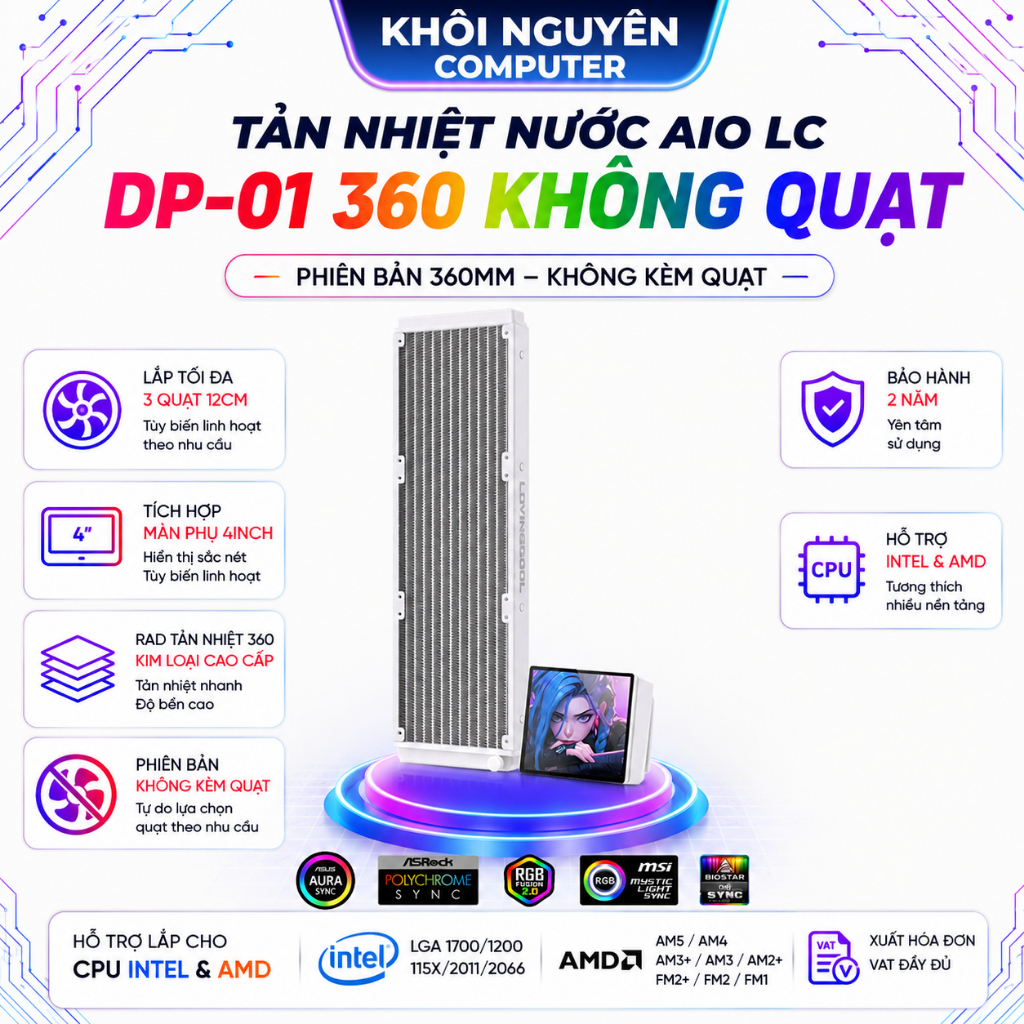 Tản Nhiệt Nước AIO LovingCool DP-01 Trắng 360 LCD 4 Inch Không Fan ARGB Cho PC Gaming