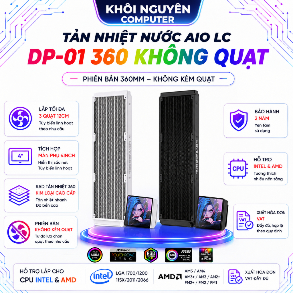Tản Nhiệt Nước AIO LovingCool DP-01 360 LCD 4 Inch Không Kèm Quạt ARGB Cho PC Gaming
