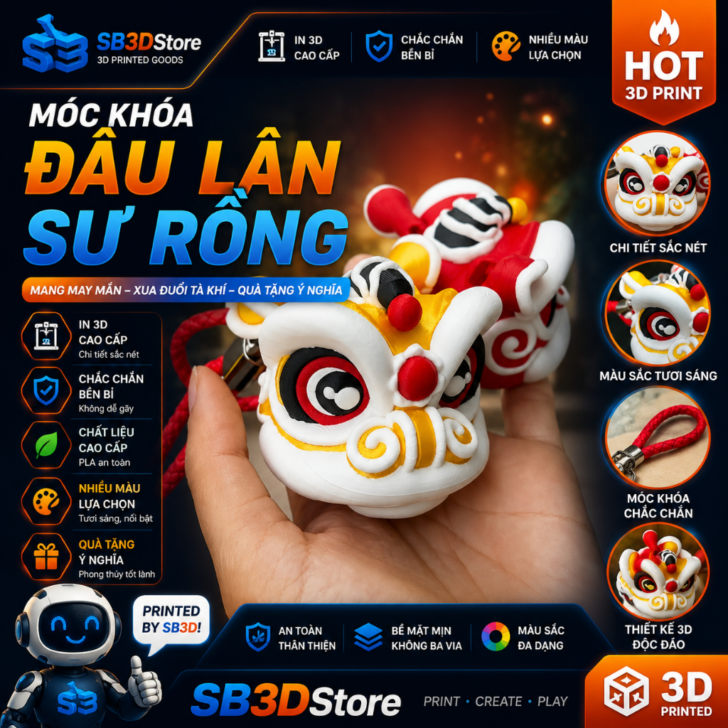 Móc Khóa Mô Hình Đầu Lân Sư Rồng 5cm In 3D Nhiều Màu Sắc - Phù Hợp Làm Quà Tặng, Móc Khóa Trang Trí 