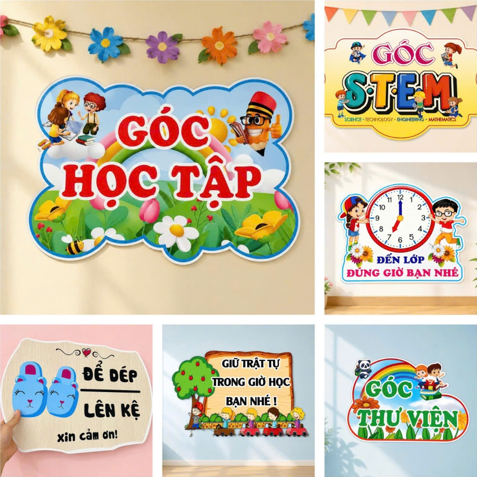 Góc thư viện, góc học tập, góc nghệ thuật, kích thước a3, ép plastic, sẵn băng keo dán tường