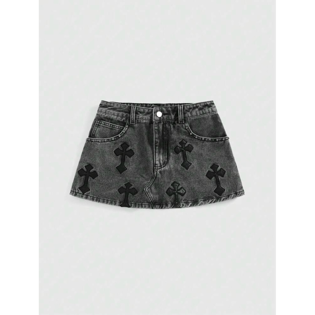 Chân váy jean xám loang đính khuyên y2k gothic | Order Bigsize