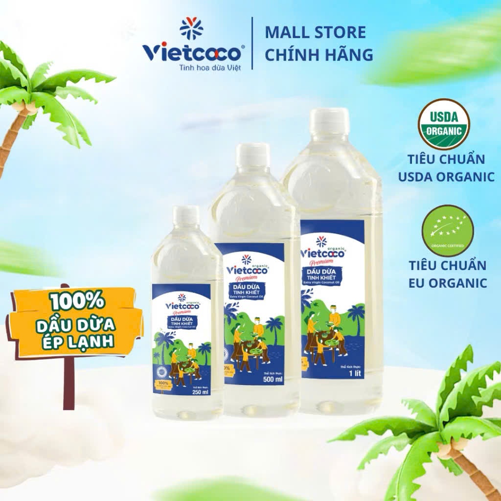 Dầu Dừa Tinh Khiết Ép Lạnh Organic Vietcoco Dùng Làm Đẹp Và Nấu Ăn : Chai 1 Lít - 500ML