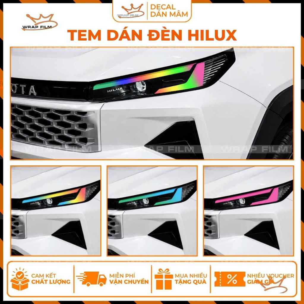Tem dán đèn Demi Hilux, Bộ 2 bên đèn, chất liêu Decal trong PVC không thấm nước