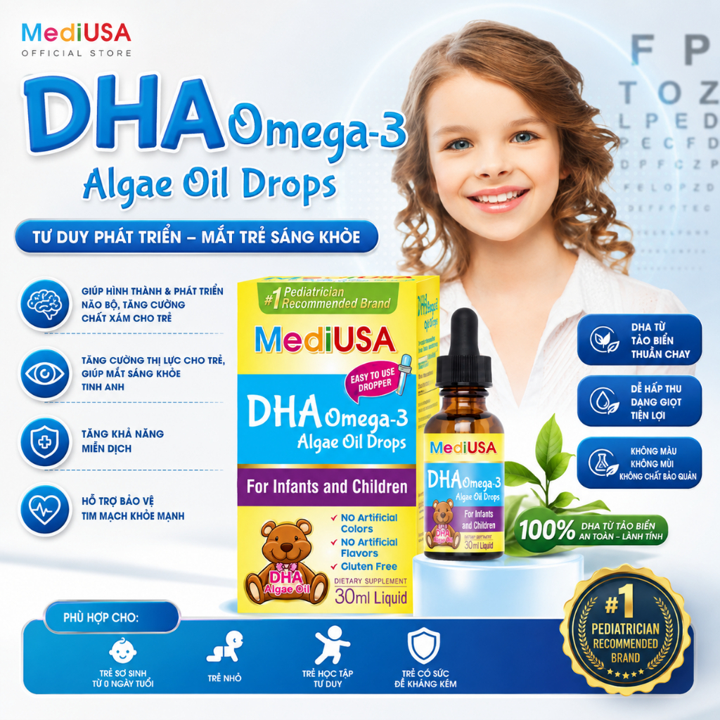 ( Quà  hấp dẫn )MediUSA DHA OMEGA-3  DROPS - trẻ có chế độ ăn uống thiếu hụt hoặc có nhu cầu bổ sung